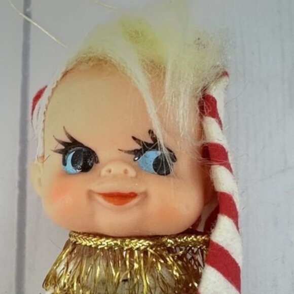 Vintage Rubber Face Pixie Elf Christmas Ornament Japan White Red 5" - Picture 4 of 6